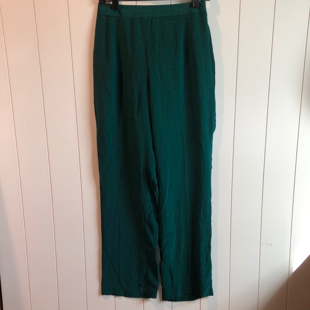 Chinyere womens 100% silk green wide leg pant side zip elastic back waist M